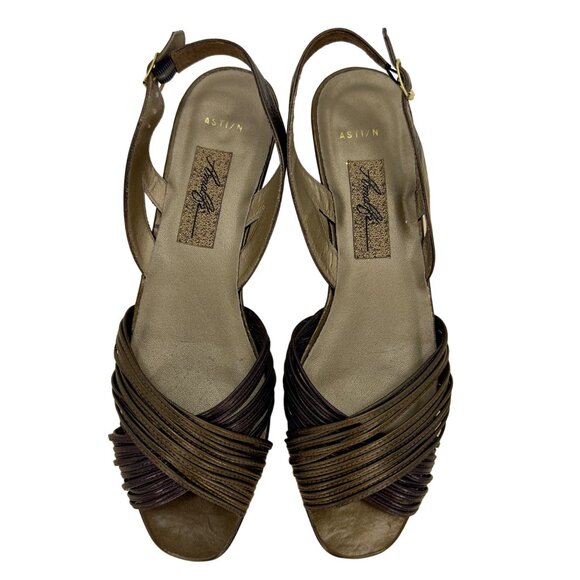 Amalfi Bronze Vintage Italian Leather Strappy Slingback Low Heel Sandals Sz 10AA - Picture 5 of 9
